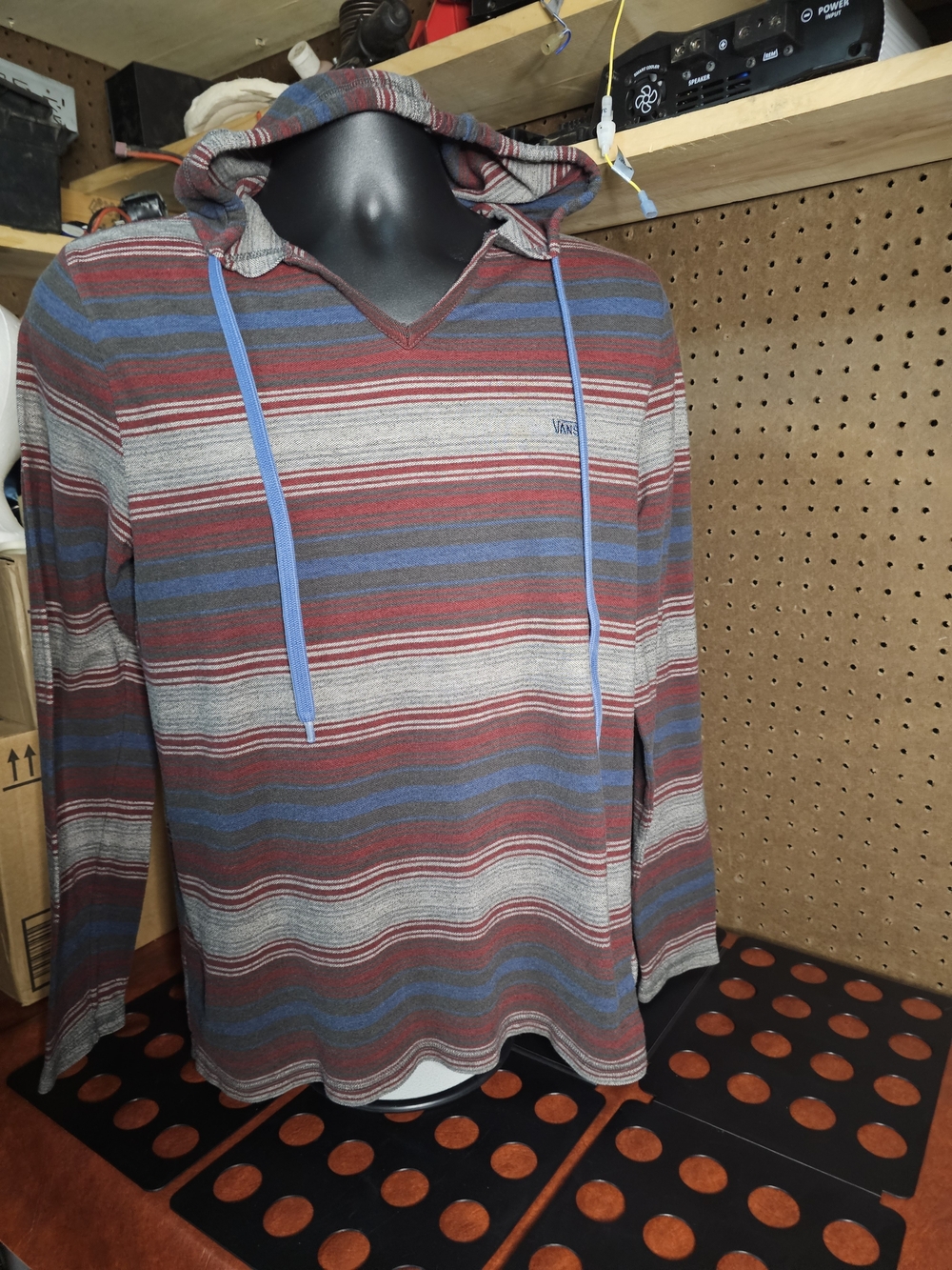 Vans Heritage Mens Size Medium Striped Long Sleeve Pullover Hoodie Gray Blue Red
